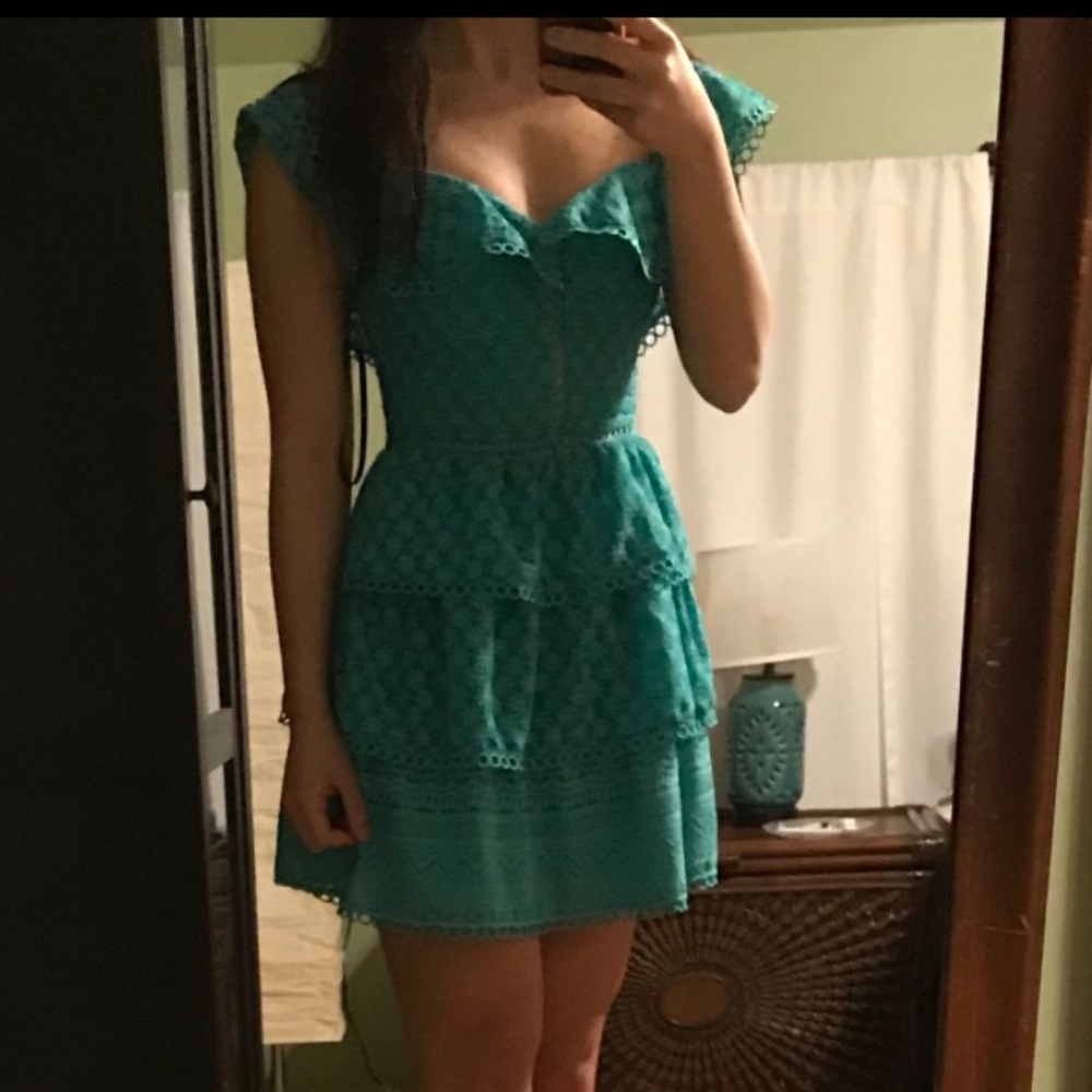 NWT BEBE Aqua Green Off Shoulder Tiered Eyelet Mini Dress